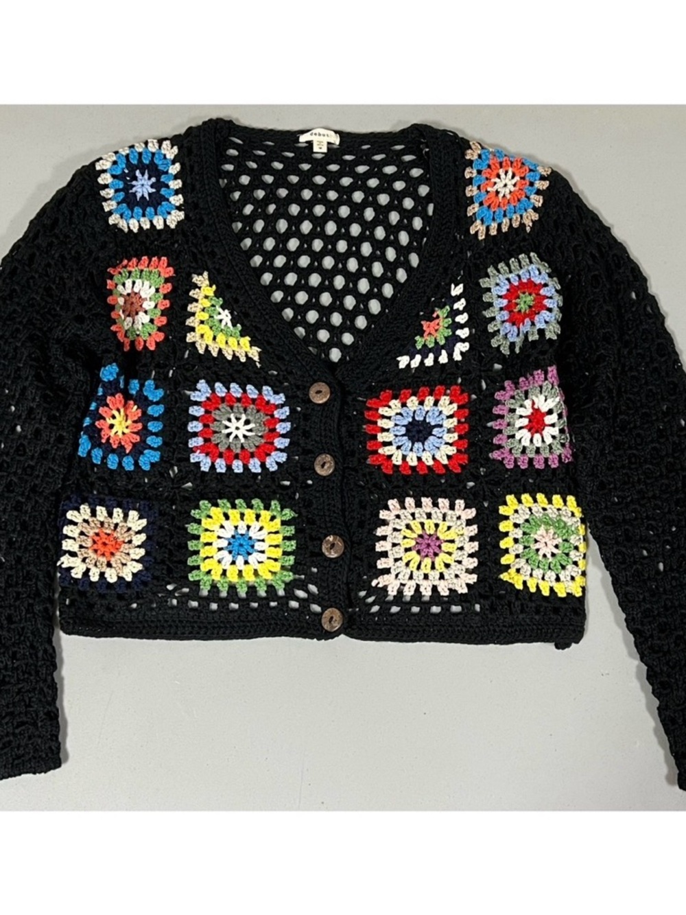 Black Mandala Boho Patchwork Crochet Knit Sweater Cardigan Outerwear Size M ❤️✨